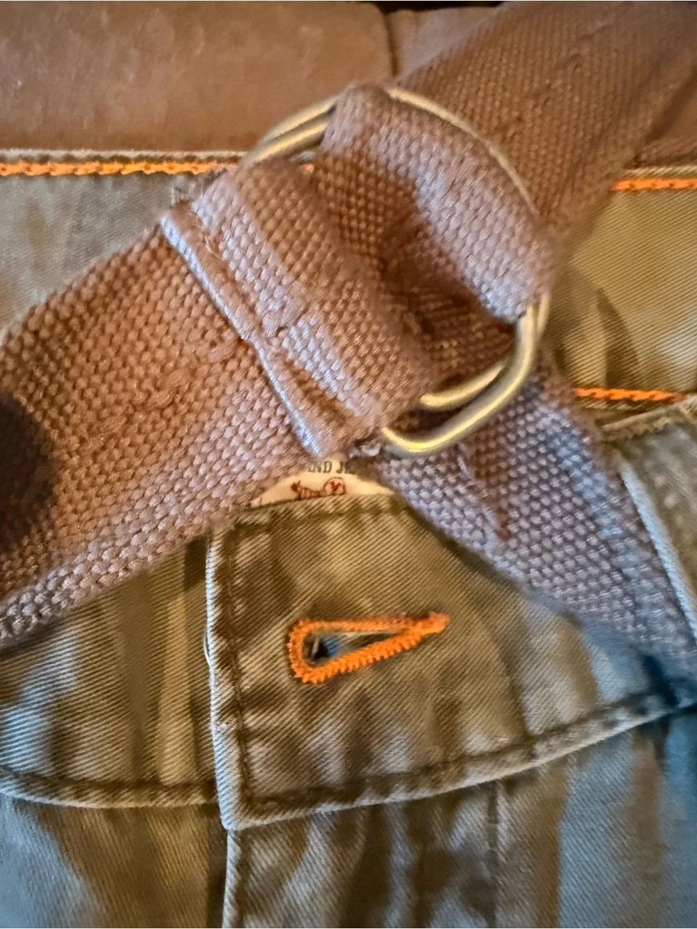 True Religion Jeans Tag Detail in Olive with Orange Stitching